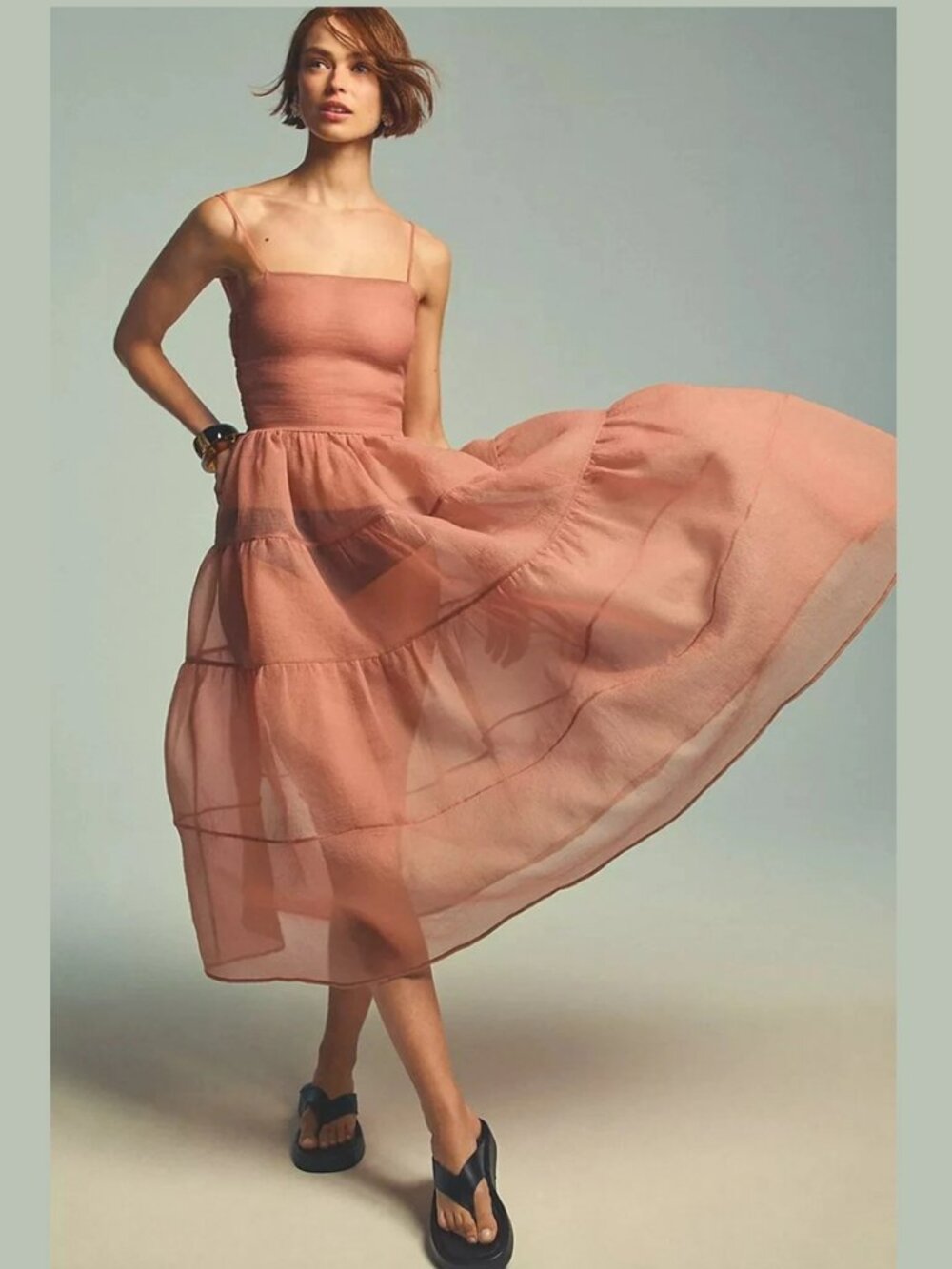 NWT Anthropologie Beige OhSeven Days Sheer Lucille Midi Dress Sz M